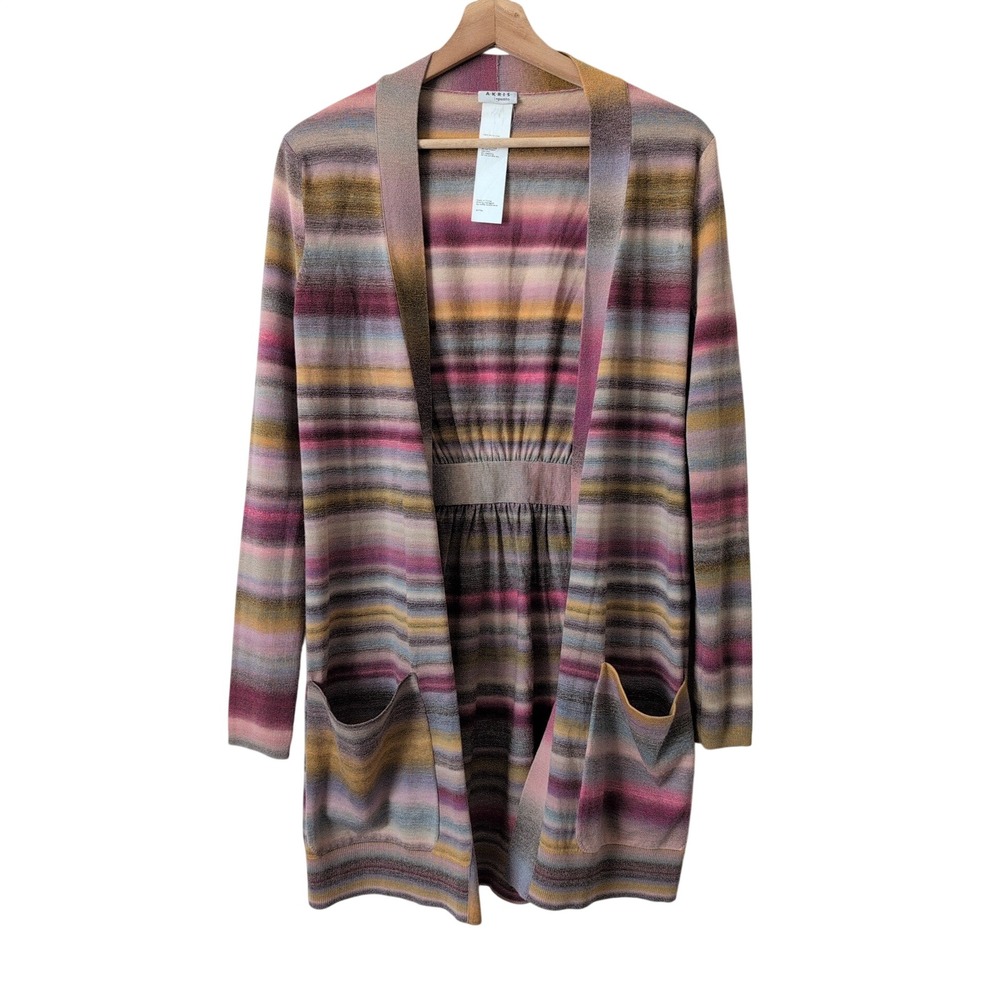 Akris Punto 100% Wool Striped Open Front Cardigan‎ Pink Yellow US 2 Librarian